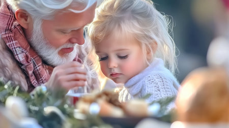 A heartwarming Father's Day image depicts a grandfather and granddaughter sharing a tender moment amidst festive decorations Perfect for event planning, this charming scene inspires cherished memories and captures the essence of family love The idyllic backdrop and decorations create a joyful atmosphere, ideal for celebrating the special bond between AI Generativeの素材