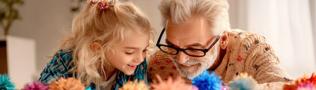 Soft, warm light bathes a heartwarming Father's Day scene A loving grandfather and granddaughter share a tender moment amidst festive decorations The image perfectly captures the joy and strong bond between them, a cherished memory of family love and togetherness, ideal for preserving this special day AI Generativeの素材