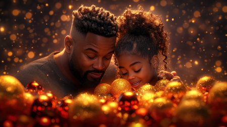 A family creates cherished Christmas memories while decorating their tree with vibrant gold and red ornaments This heartwarming scene, filled with love and laughter, perfectly captures the joy and spirit of the holiday season Ideal for Christmas cards or social media, it evokes warmth, happiness, and the magic of family AI Generativeの素材