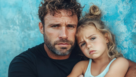 A poignant photo captures a father's comforting embrace of his heartbroken daughter His unconditional love and support offer solace during her first devastating heartbreak The image powerfully conveys emotional vulnerability, resilience, and the healing strength of a father-daughter bond, ideal for illustrating articles on family, relationships, and emotional support AI Generativeの素材