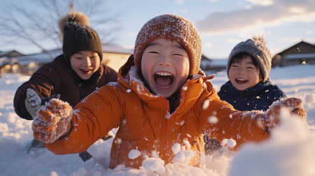 A family's joyful snowball fight explodes with winter magic Laughter and sparkling snow illuminate their unity under the sun Vibrant colors and playful expressions capture the pure happiness of a cherished moment, creating an unforgettable image of family bonding and childhood memories AI Generativeの素材
