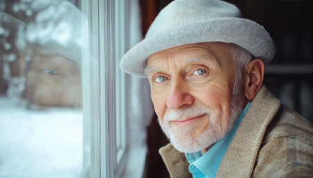 This portrait captures a devoted father's cherished memories Nostalgia and unconditional love radiate from his gentle smile and eyes, holding a lifetime of experiences A tender winter scene reflects the warmth of his heart, a legacy of family bonds and affection, preserving precious moments of a life well-lived AI Generativeの素材