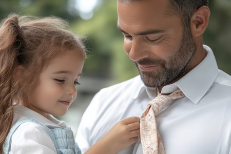 A father patiently teaches his daughter to tie a necktie, a heartwarming image symbolizing their profound bond This tender moment represents paternal guidance, care, and the passing down of life skills Perfect for Father's Day, it embodies the invaluable role of fathers in shaping their children's lives AI Generativeの素材