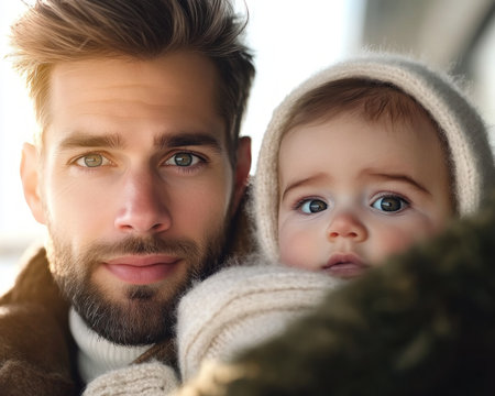 A heartwarming image depicts a father cradling his baby, radiating warmth and love Their tender bond showcases the joy, comfort, and unconditional affection defining their unique relationship The scene evokes feelings of security, happiness, and family, capturing the essence of paternal love in its purest form AI Generativeの素材