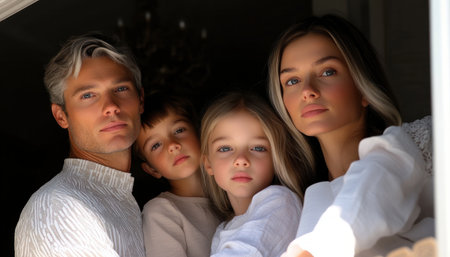 A timeless family portrait, elegantly posed in their historic home Traditional attire and warm smiles showcase generational bonds and cherished memories The antique setting enhances the image's portrayal of heritage, family unity, and enduring elegance, a perfect testament to their history AI Generativeの素材