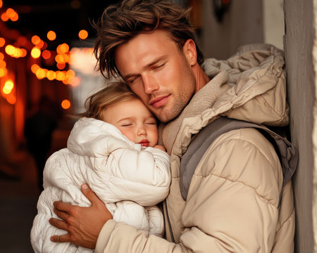 Under a starlit sky, a father's gentle embrace cradles his sleeping child This tender moment embodies the profound bond of fatherhood, unwavering protection, and sacred trust His loving care, tireless dedication, and the peace of the night create a scene of pure paternal serenity AI Generativeの素材