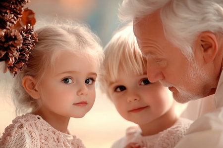 A heartwarming photo captures a grandfather's loving bond with his two grandchildren in a cozy home setting It radiates shared joy, precious memories, and generational love Tender moments and emotional intimacy shine through, making it perfect for cherished family keepsakes and heartwarming gifts AI Generativeの素材