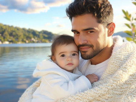 A heartwarming image of a father tenderly cradling his baby, radiating warmth and love It depicts the precious bond between parent and child, showcasing the beauty of fatherhood and the joy of family This powerful visual evokes feelings of comfort, security, and the enduring strength of familial love AI Generativeの素材