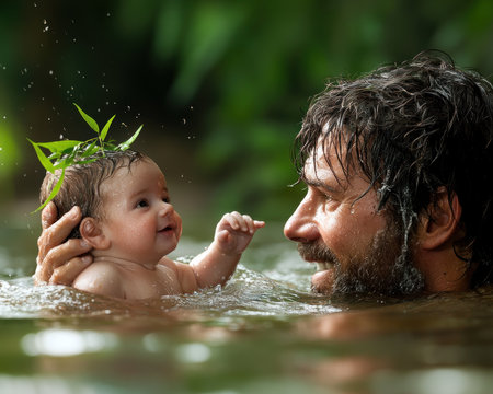 A father's gentle hands cradle his newborn in water, their loving gazes reflecting a profound bond The image beautifully portrays paternal love, the preciousness of new life, and the unique connection between parent and child It's a timeless scene of intimacy, strength, and unconditional love AI Generativeの素材