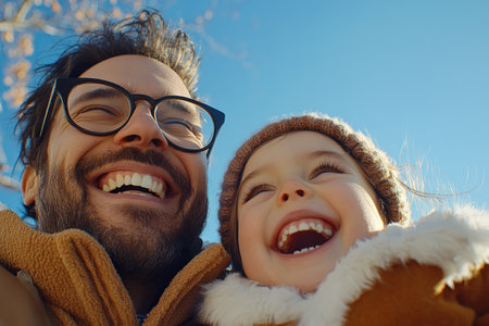 Golden sunlight bathes a father and child in a park, their laughter echoing the pure joy of their bond Unconditional love radiates from this heartwarming scene, a precious moment of shared happiness creating lasting family memories Genuine affection shines in their connection, a testament to the special father-child relationship AI Generativeの素材