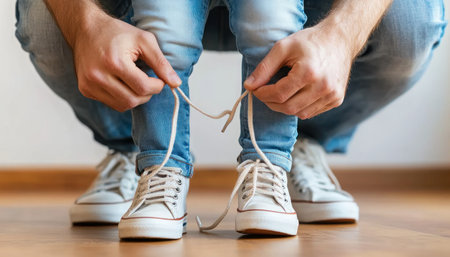 A father's loving hands gently guide his child's, teaching them to tie shoes This tender moment reveals a dad's unwavering patience and unconditional love, forging a strong bond through shared learning and experience The scene embodies the priceless gift of family, built on nurturing care and dedication AI Generativeの素材