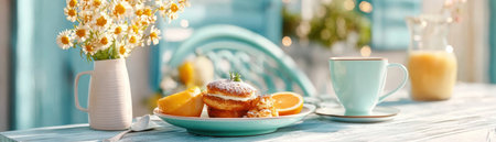 Soft sunlight bathes a rustic farmhouse kitchen where a family enjoys a peaceful breakfast Fresh pastries, steaming tea, and daisies adorn the table The scene exudes warmth and tranquility, a cherished moment of simple family togetherness captured in a serene, traditional portrait AI Generativeの素材