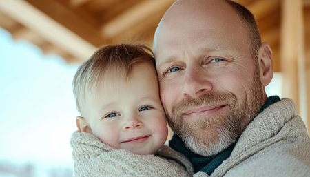 A rustic wooden cabin frames a heartwarming scene: a father's tender hug envelops his child, radiating unconditional love The image perfectly captures the simple joys of family life, showcasing the precious bond between parent and child within a cozy, rural setting Happiness, security, and familial warmth are palpable AI Generativeの素材