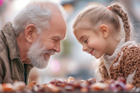 Autumn leaves frame a grandfather and granddaughter, heads bowed in shared smiles Their tender moment radiates warmth, peace, and generational love The scene embodies simple joys, cherished connections, and the beauty of family bonds, captured in gentle light AI Generativeの素材