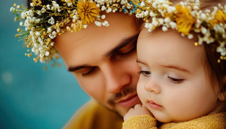A father cradles his baby daughter in a serene natural setting Their tender embrace radiates pure joy and unconditional love, a heartwarming testament to the magic of parenthood The photograph captures the simple pleasures of family life, creating a lasting memory of this precious bond AI Generativeの素材