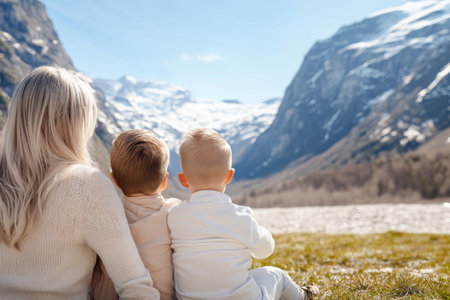 A timeless family portrait captures heartwarming moments against a majestic mountain backdrop Snow-capped peaks and expansive valleys frame a loving family, showcasing their bond amidst breathtaking scenery Professional photography emphasizes connection, adventure, and the beauty of nature, creating a cherished keepsake AI Generativeの素材