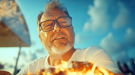 Under a starlit sky, Dad's culinary expertise ignites the grill, flames dancing as he prepares a feast The aroma of grilling food blends with the joy of family gathered close, creating cherished summer memories This heartwarming scene embodies fatherly love, togetherness, and the simple pleasures of life AI Generativeの素材