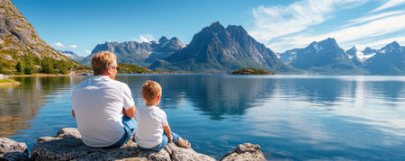Towering peaks mirror in a serene mountain lake, where a father and child find tranquility This idyllic scene captures a peaceful father-son bond amidst breathtaking natural beauty The majestic landscape offers a perfect escape, creating lasting memories for nature lovers and inspiring family travel AI Generativeの素材