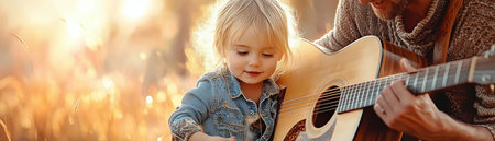 A heartwarming scene: a dad patiently teaches his child guitar Their shared musical journey builds a strong bond, creating lasting memories The image radiates warmth and love, showcasing the joy of learning and the power of family connection through music It's a testament to the enduring legacy of music education AI Generativeの素材