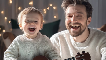 A heartwarming scene: a father and son, nestled in a cozy living room, share joyful laughter while playing the ukulele Their musical playtime embodies the beauty of family connection, creating lasting memories filled with love The image radiates warmth, capturing the simple joys of life and the power of shared AI Generativeの素材