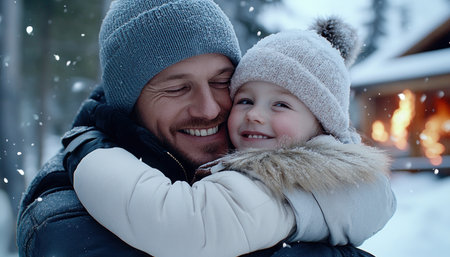 Soft snow falls on a father and daughter locked in a tender embrace Their love radiates warmth against the winter backdrop, capturing the pure joy of a cherished family moment The photograph is a testament to the enduring bond of fatherhood, a heartwarming scene of unconditional love during the Christmas AI Generativeの素材