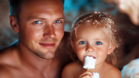 A father and daughter laugh, roasting marshmallows by a crackling campfire under a starlit sky This heartwarming scene embodies cherished family time, outdoor adventure, and the simple joys of nature It's the perfect image for blogs, travel sites, or heartwarming stock photography, capturing love, connection, and unforgettable memories AI Generativeの素材