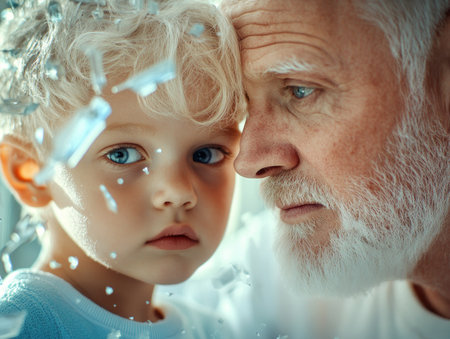 A poignant photograph captures a wise father's tender guidance of his son Their bond, glowing with mutual understanding, embodies paternal love, intergenerational connection, and shared experiences The image powerfully illustrates mentorship, trust, and unwavering support, a legacy of wisdom and affection passed down through generations AI Generativeの素材