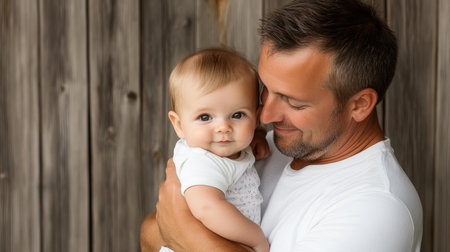 A heartwarming image captures a father's tender embrace of his baby, radiating warmth and unconditional love This peaceful scene showcases the essence of paternal bonding, filled with gentle care and pure affection It evokes feelings of serenity, family unity, and the beautiful joy of fatherhood AI Generativeの素材