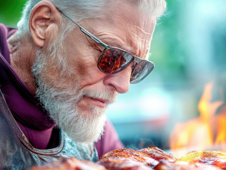 Dad's expert grilling skills transform juicy chicken wings into a BBQ masterpiece Spice-rubbed and glistening, the golden-brown wings sizzle over smoky flames, creating a mouthwatering aroma This perfect summer scene embodies family, fun, and the art of outdoor cooking a taste of pure barbecue bliss AI Generativeの素材