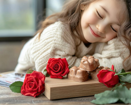 A heartwarming Valentine's Day image: a child's radiant smile amidst chocolate treats and red roses Perfect for blogs, websites, and social media, this evokes cozy love and cherished family memories Ideal for Valentine's cards and promotions, capturing the joy of giving and sweet moments AI Generativeの素材
