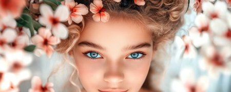 A breathtaking Valentine's Day proposal photo captures a woman, adorned with blossoms, her blue eyes reflecting deep emotion as she receives a heartfelt proposal Romance, beauty, and the promise of forever are exquisitely portrayed Ideal for Valentine's Day cards and romantic media A passionate moment, beautifully captured AI Generativeの素材