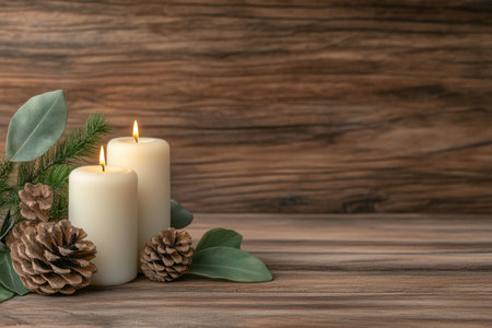 A serene Valentine's scene unfolds: candlelight illuminates a cozy, wooden setting adorned with pine cones and eucalyptus A romantic couple shares intimate moments, their love palpable amidst soft lighting and a peaceful atmosphere Natural elements and simple decor create a perfect winter romance, celebrating true love and deep connection AI Generativeの素材