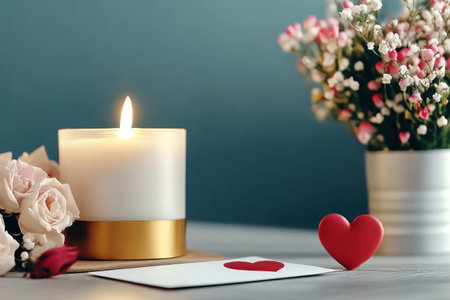 A flickering candle illuminates a love letter, roses, and a red heart, creating a romantic Valentine's Day scene Warm light and tender intimacy are evoked, perfect for cards, social media, or home d cor The gentle flicker adds magic, symbolizing enduring love and cherished memories AI Generativeの素材