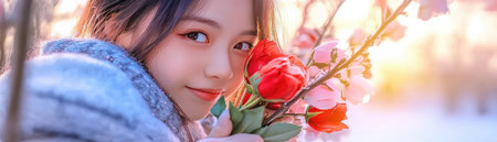 A serene young woman, adorned with roses and blossoms, graces this Valentine's Day image Soft hues and glittering accents create a romantic glow, capturing a moment of tender grace Perfect for cards, backgrounds, or social media, it evokes love, affection, and warmth, celebrating love's gentle brilliance AI Generativeの素材