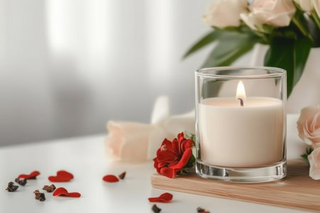 This delicately scented Valentine's candle blends floral and vanilla notes, creating a romantic and tranquil ambiance Its elegant glass container and luxurious fragrance make it a perfect gift Ignite romance and beauty with every flicker; a symbol of love for special moments and romantic evenings AI Generativeの素材