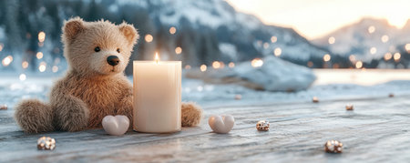 Candlelight dances on a teddy bear and heart-shaped chocolates nestled in a serene winter scene This romantic Valentine's Day image evokes warmth and affection, perfect for expressing love or friendship A magical atmosphere of cherished memories, ideal for cards, gifts, or winter projects AI Generativeの素材