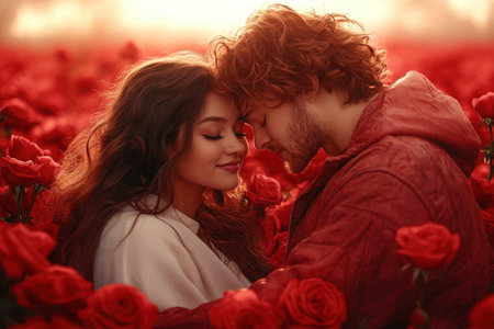A breathtaking Valentine's Day proposal unfolds amidst a sea of red roses Radiant joy illuminates the couple's faces in this unforgettable moment Perfect for Valentine's cards and romantic media, the image symbolizes love, commitment, and the magic of a perfect proposal within a stunning rose garden AI Generativeの素材