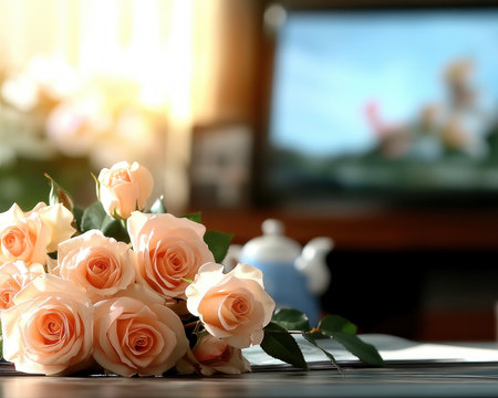 Elegant peach roses, symbols of love and refinement, create a stunning Valentine's bouquet This high-resolution image captures their delicate beauty, perfect for cards, social media, or romantic decor Soft lighting enhances their natural charm, ideal for digital or print use Express affection with this exquisite romantic bloom AI Generativeの素材