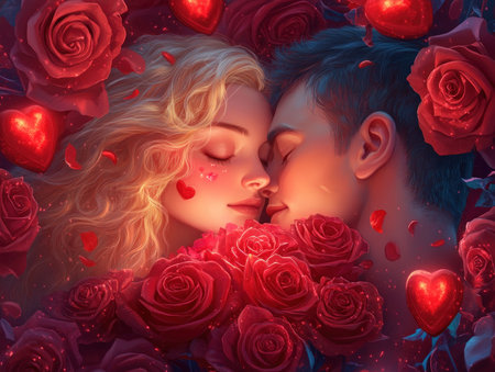 A breathtaking Valentine's Day scene unfolds: a couple shares a tender moment, exchanging a vibrant bouquet of red roses Their radiant smiles and deep connection exude love and happiness This high-resolution image, perfect for cards and projects, captures the essence of romantic Valentine's Day bliss AI Generativeの素材
