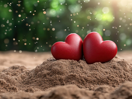 Celebrate Valentine's Day with a handcrafted keepsake: two intertwined red hearts in brown sand, symbolizing enduring love and shared history This romantic image evokes warmth and intimacy, perfect for greeting cards, social media, or website banners A unique and meaningful gift expressing deep affection and commitment AI Generativeの素材