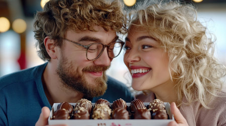 A warm fireplace crackles as a couple shares luxurious chocolates, their laughter echoing love and intimacy This Valentine's Day scene embodies shared bliss, perfect for cards, gifts, or articles celebrating romance and connection Indulge in delicious chocolates and create unforgettable memories AI Generativeの素材