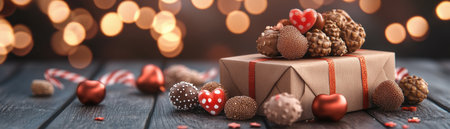 This Valentine's Day, give a gift that speaks volumes Elegantly wrapped and adorned with pine cones and red hearts, it exudes romance and luxury Thoughtful details convey heartfelt affection, making it the perfect expression of love and appreciation Find your inspiration for the most romantic gift ever AI Generativeの素材