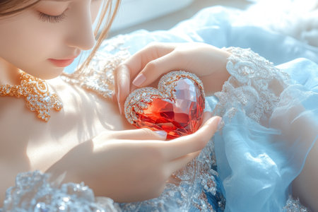 A timeless Valentine's Day design: a radiant red crystal heart cradled in delicate hands, symbolizing grace, love, and romance Perfect for high-end projects cards, gifts, invitations, or luxury branding this high-resolution image captures exquisite detail and captivating light, representing classic elegance and sophistication AI Generativeの素材