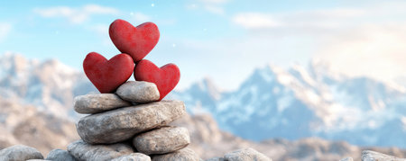 A breathtaking Valentine's Day proposal unfolds amidst majestic mountain peaks Heart-shaped decorations adorn a serene scene, creating a picture-perfect moment of everlasting love Capture the unique and unforgettable engagement against a stunning backdrop of serene beauty AI Generativeの素材