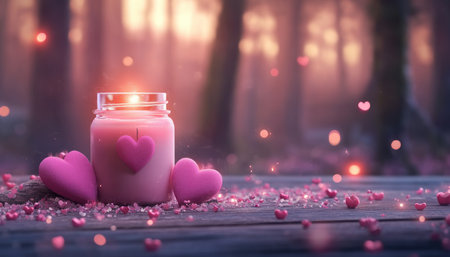 A whimsical Valentine's Day scene shimmers with pink hearts, candlelight, and a mystical forest backdrop Sparkling lights create a magical, romantic ambiance perfect for love and celebration This breathtaking image is ideal for cards, social media, or romantic decorations, capturing the essence of Valentine's Day AI Generativeの素材