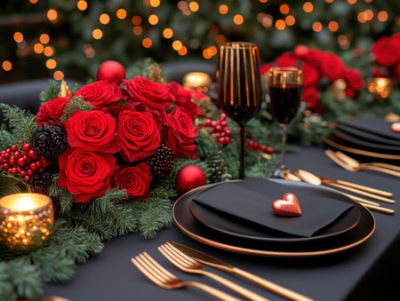 Set a breathtaking Valentine's Day table with dramatic red roses, golden accents, and heart-shaped tableware This luxurious setting creates a passionate ambiance perfect for couples Sophisticated colors and elegant details ensure an unforgettable romantic dinner, offering elegant decor inspiration for a truly special evening AI Generativeの素材