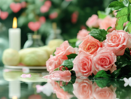 An elegant Valentine's Day setting: pink roses and confetti scatter across a romantic table, candlelight glowing softly Hearts and rose petals create a delightful, intimate atmosphere, perfect for a romantic dinner and celebration of love A beautiful bouquet and festive decor complete this idyllic scene AI Generativeの素材