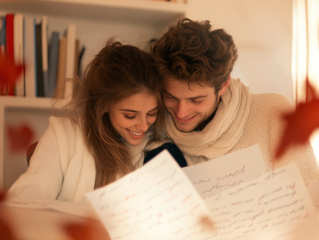 A cozy study desk scene depicts a couple sharing intimate handwritten Valentine's Day letters Their tender expressions and passionate words capture the sweetest moments of love This romantic image is perfect for celebrating affection and heartfelt emotions this Valentine's Day AI Generativeの素材