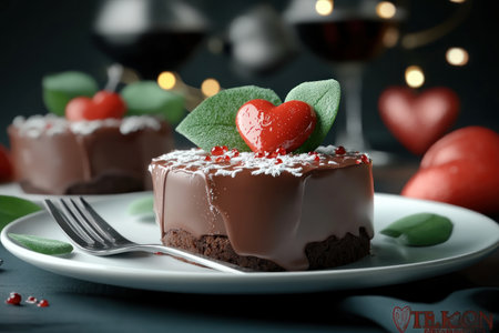 This decadent Valentine's Day chocolate dessert is a romantic must-have Rich dark chocolate ganache, adorned with joyful heart decorations, creates an irresistible treat Perfect for sharing, its glossy finish and sweet flavor make it a truly special ending to a romantic dinner AI Generativeの素材