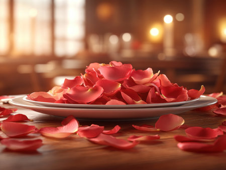A romantic candlelit dinner awaits Red rose petals scatter across an elegant table setting, creating a warm, intimate, and sensual ambiance perfect for Valentine's Day, anniversaries, or a special proposal Cozy and luxurious, this dreamy date night promises unforgettable romance AI Generativeの素材
